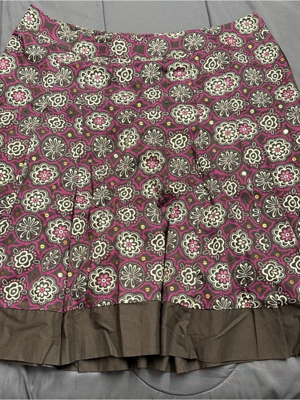 LOFT Purple Floral Print Skirt with Brown Trim